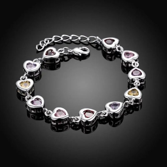 Fashion Jewelry Jewelry - Beautiful Multi - Colored Heart Style Ladies Bracelet Stamped Sterling Silver